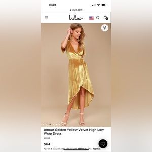 Lulu’s Amour Golden Yellow Velvet High-Low Wrap Dress xs